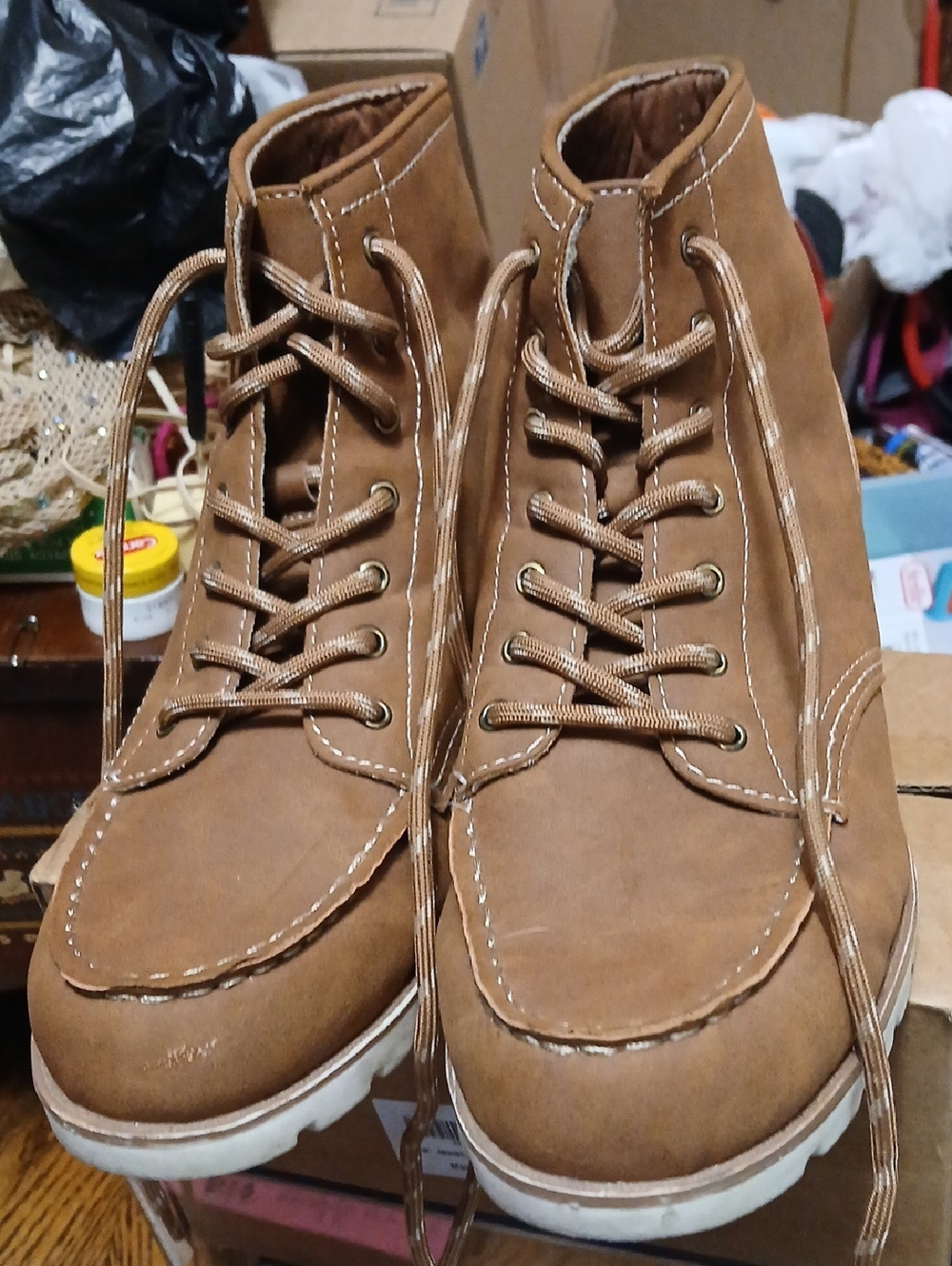 St. John's Bay Tan Lace-Up Women's Moc Toe Boots,sz.8